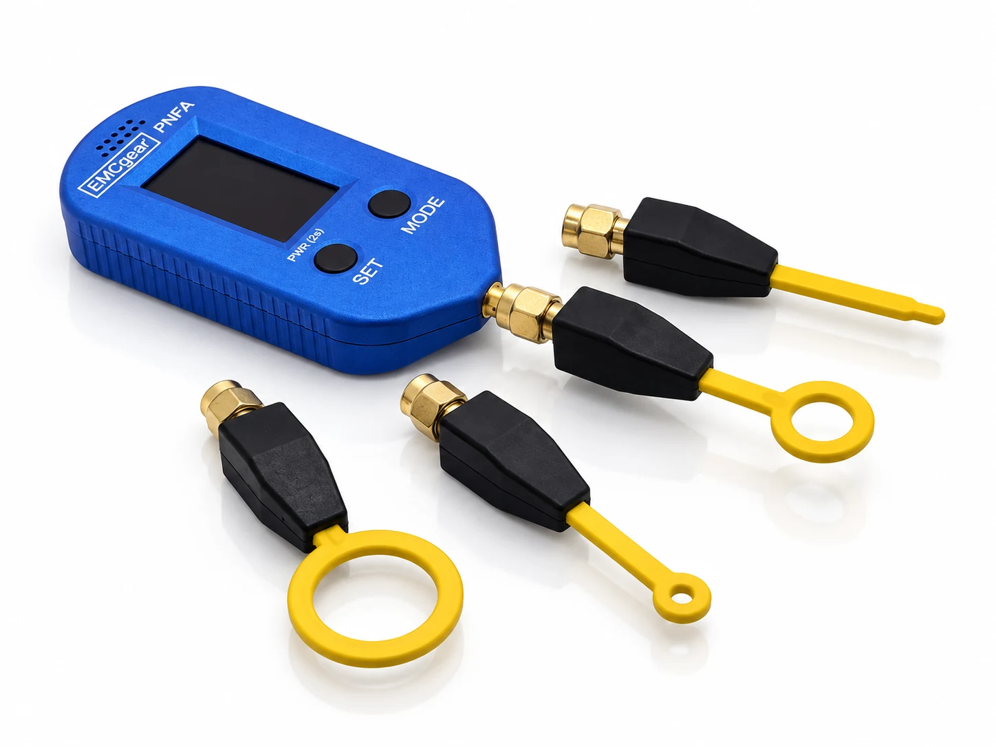 Blue anodized PNFA handheld RF instrument with OLED display, two controls and SMA connector